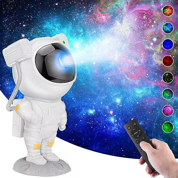 Astronaut toy with a remote control against a colorful galaxy background
