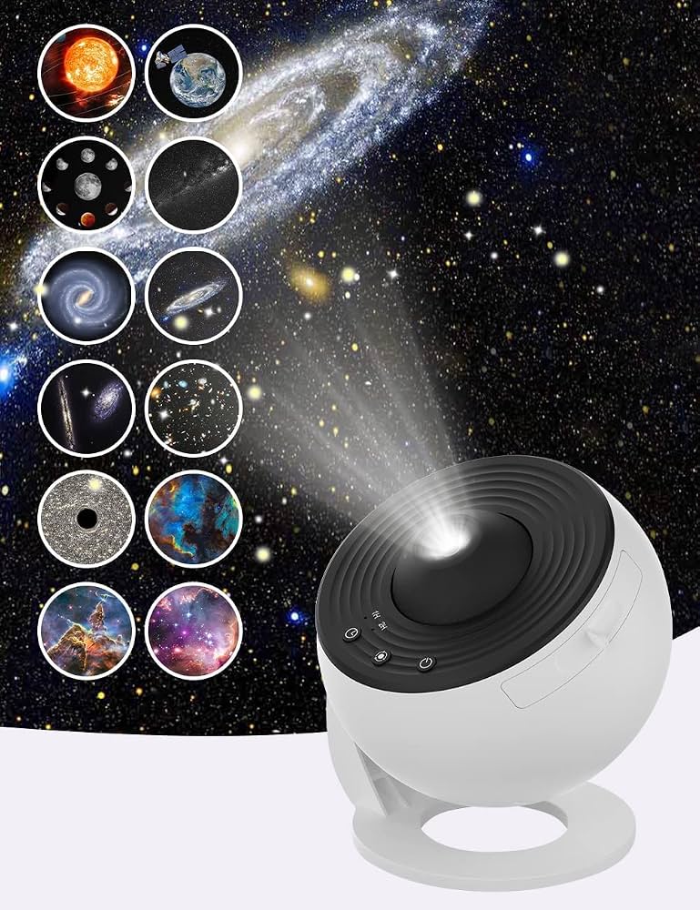 Star projector with celestial designs on a starry background