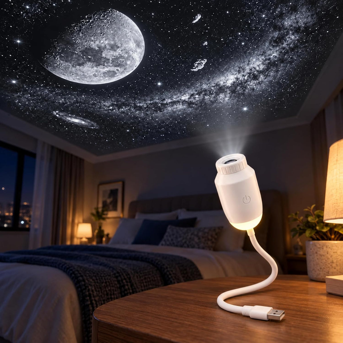 A white USB-powered ceiling light projector shown on a wooden bedside table in a bedroom, with its beam of light shining up onto a starry night sky ceiling mural.