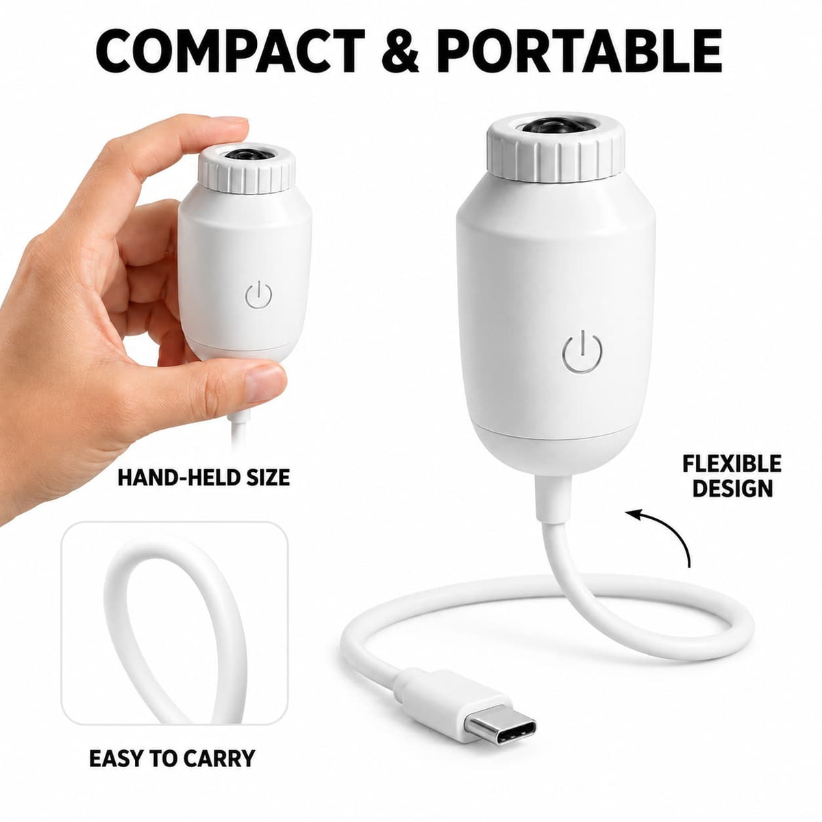 A white compact portable device with a USB-C cable, shown in a hand-held size comparison and full size. The image includes text overlays highlighting its compact and portable design, flexible design, and ease of carrying.