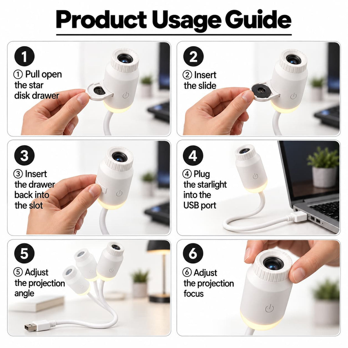 Product usage guide infographic showing six numbered steps with hand-held photos of a white USB starlight projector and its disk drawer accessory on a light desk background.
