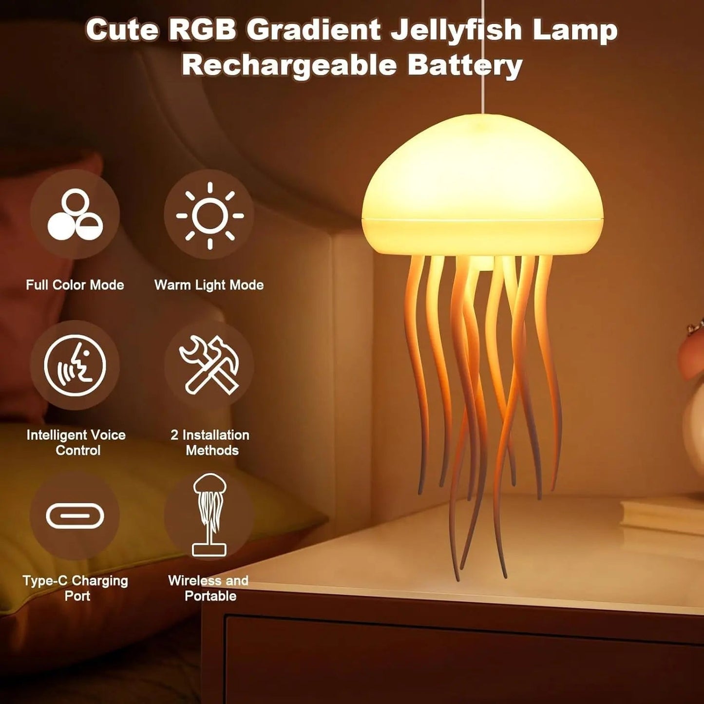 Floating Jellyfish Lamp with Voice Control & Dancing Legs — RGB Gradient Hanging Night Light | Rechargeable Type - C Aesthetic Room Decor Lamp India - shopzykart
