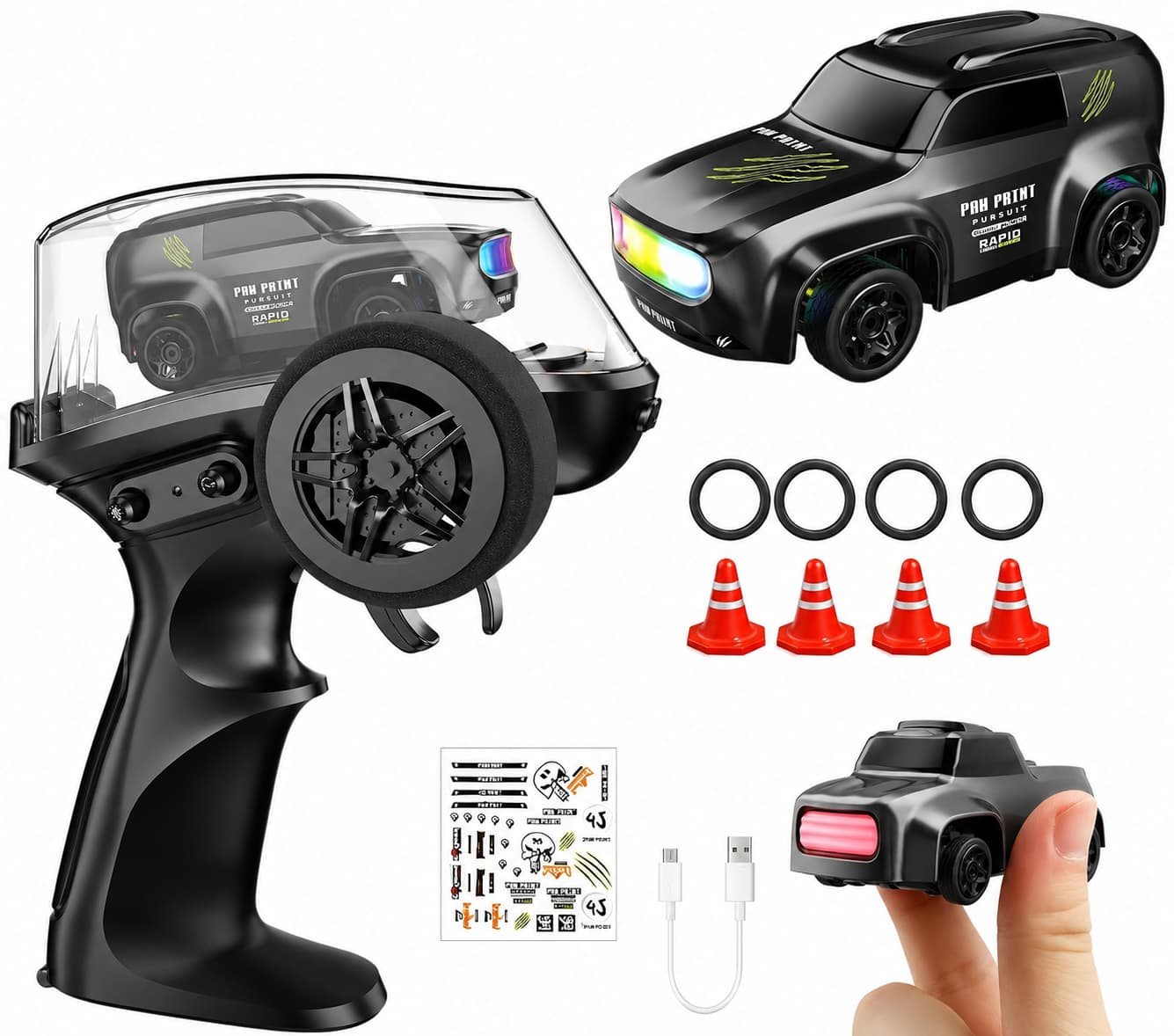 Mini High-Speed RC Drift Car with 2.4GHz Remote, LED Lights & Drift Cones (Green | Black | Blue) - shopzykart