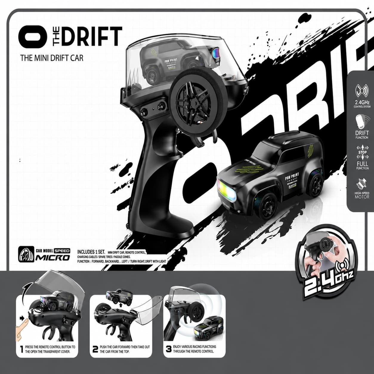 Mini High-Speed RC Drift Car with 2.4GHz Remote, LED Lights & Drift Cones (Green | Black | Blue) - shopzykart