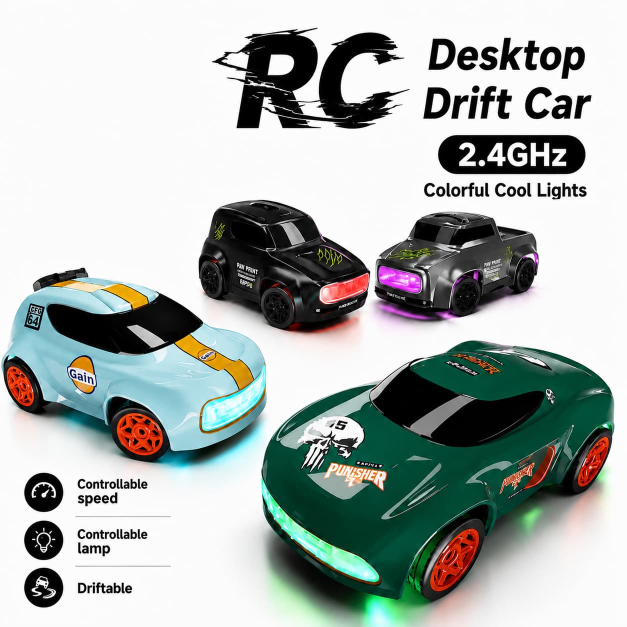 Mini High-Speed RC Drift Car with 2.4GHz Remote, LED Lights & Drift Cones (Green | Black | Blue) - shopzykart