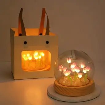 Tulip Glass Dome Night Light – LED Flower Lamp with Wooden Base India - shopzykart