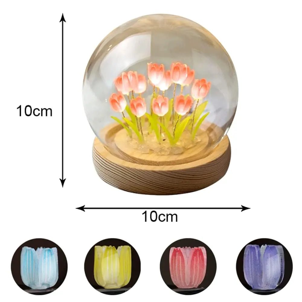 Tulip Glass Dome Night Light – LED Flower Lamp with Wooden Base India - shopzykart