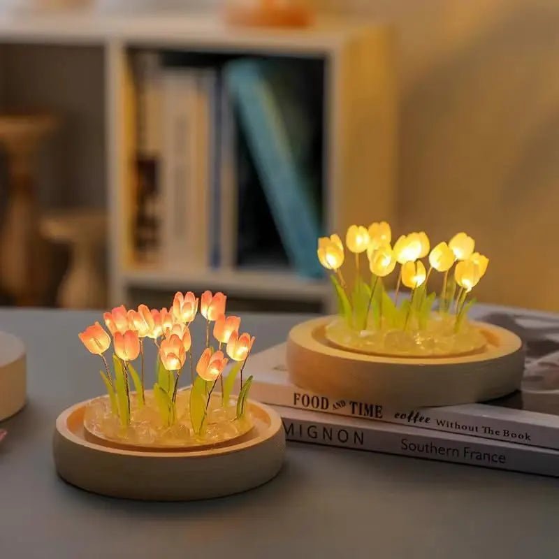 Tulip Glass Dome Night Light – LED Flower Lamp with Wooden Base India - shopzykart