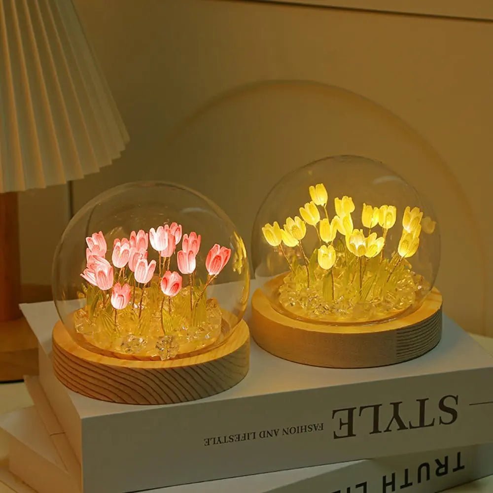 Tulip Glass Dome Night Light – LED Flower Lamp with Wooden Base India - shopzykart