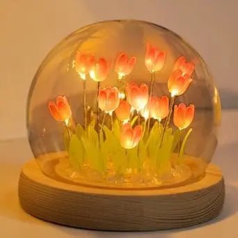 Tulip Glass Dome Night Light – LED Flower Lamp with Wooden Base India - shopzykart
